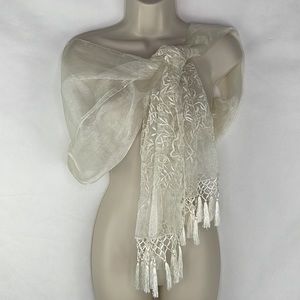 Ivory Embroidered Fringed Wrap